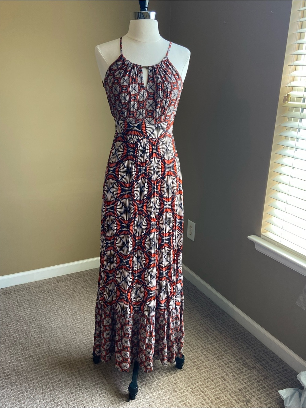 Wallis Orange, Black, White Geometric Retro Maxi Dress, Size 8 Petite Boho 70’s